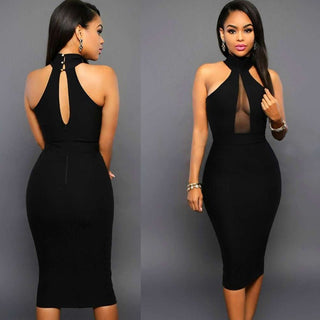Vestido midi justo e sensual com transparência no decote