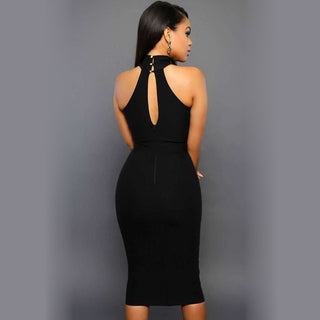 Vestido midi justo e sensual com transparência no decote