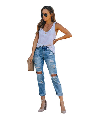 Fashion Water Hole Straight Jeans Pants