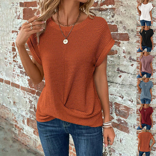 Camiseta de malha manga curta verão nova cor sólida gola redonda 
