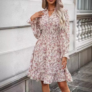 Vestido curto floral manga longa