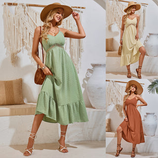 Summer Casual V-neck Solid Color Cutout Sling Dress