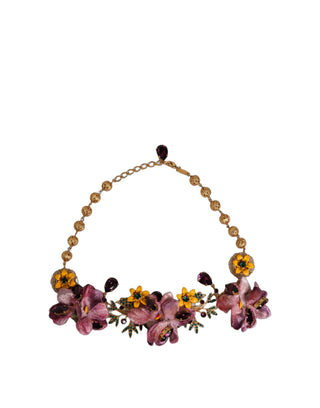 Gold Brass Mix Fiori Flowers Crystal Chain Necklace