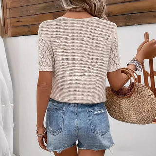 Blusa manga curta costura de renda com decote em v