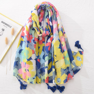 Blue And White Tie-dyed Cotton And Linen Feel Scarf Retro Artistic Travel Sun Protection Shawl