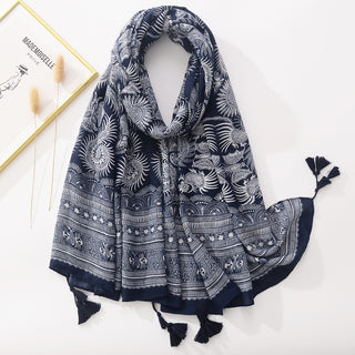 Blue And White Tie-dyed Cotton And Linen Feel Scarf Retro Artistic Travel Sun Protection Shawl