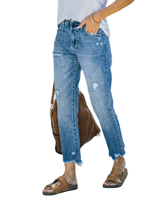 European And American Holes Light Blue Casual Nine-piece Straight Jeans Women