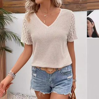 Blusa manga curta costura de renda com decote em v