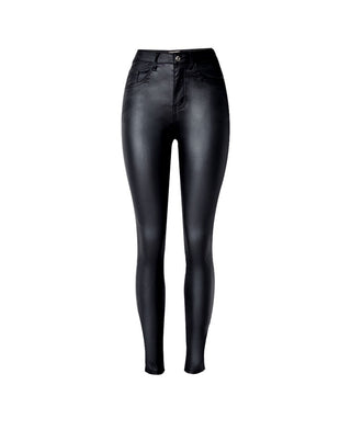 High waist slim stretch coated faux leather pants denim pants PU pocket locomotive wild large size