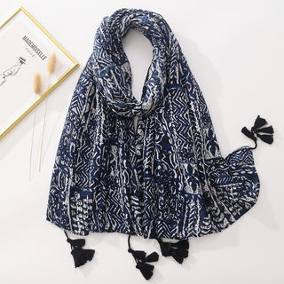 Blue And White Tie-dyed Cotton And Linen Feel Scarf Retro Artistic Travel Sun Protection Shawl