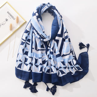 Blue And White Tie-dyed Cotton And Linen Feel Scarf Retro Artistic Travel Sun Protection Shawl