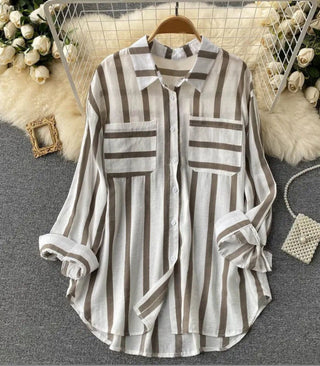 Mid-length Vertical Stripes Multi-color Shirt Coat Casual Loose Top