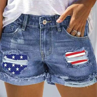 Shorts jeans com estampa de bandeira super moderno