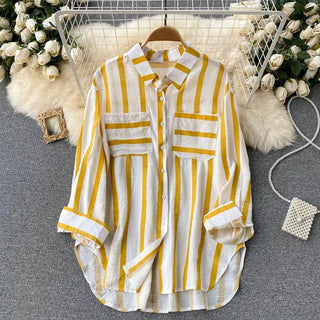 Mid-length Vertical Stripes Multi-color Shirt Coat Casual Loose Top