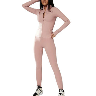 Solid Color Zipper Stand Collar Sports Jacket Fitness Yoga Wear Pants Set