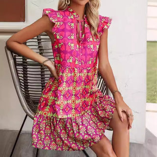 Vestido curto estampado sem mangas, moda verão