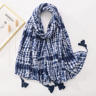 Blue And White Tie-dyed Cotton And Linen Feel Scarf Retro Artistic Travel Sun Protection Shawl