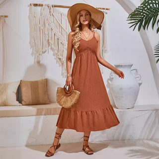 Summer Casual V-neck Solid Color Cutout Sling Dress