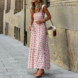 Vestido longo de verão elegante estampado com alça floral 