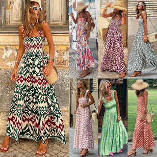 Vestido longo de verão elegante estampado com alça floral 