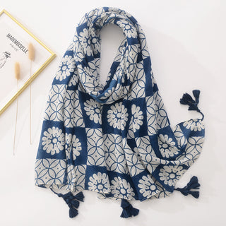 Blue And White Tie-dyed Cotton And Linen Feel Scarf Retro Artistic Travel Sun Protection Shawl