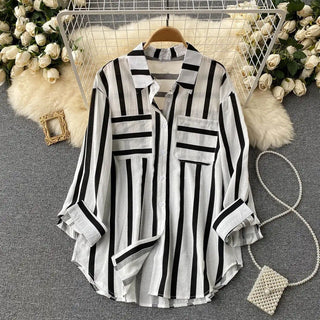 Mid-length Vertical Stripes Multi-color Shirt Coat Casual Loose Top