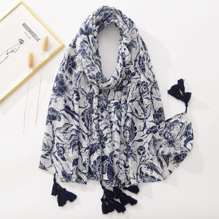 Blue And White Tie-dyed Cotton And Linen Feel Scarf Retro Artistic Travel Sun Protection Shawl