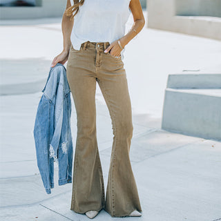 Calça jeans boca de sino cintura alta retrô 