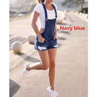 Blue Mid-waist Denim Dark Overalls Shorts