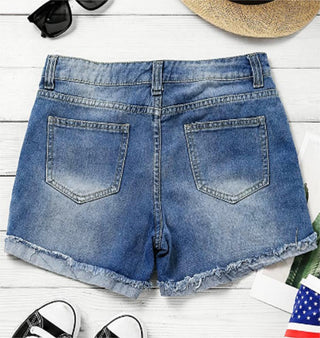 Shorts jeans com estampa de bandeira super moderno