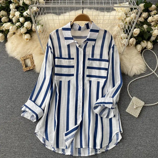 Mid-length Vertical Stripes Multi-color Shirt Coat Casual Loose Top