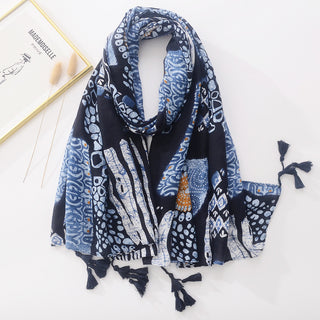 Blue And White Tie-dyed Cotton And Linen Feel Scarf Retro Artistic Travel Sun Protection Shawl