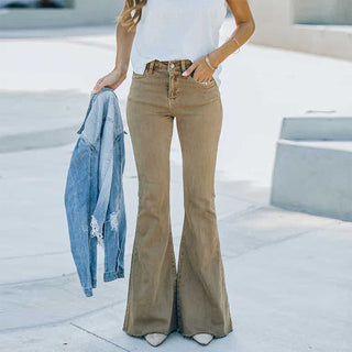 Calça jeans boca de sino cintura alta retrô 